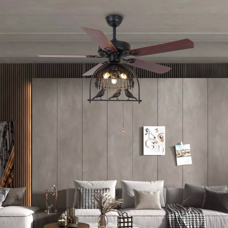 48 inch Wood/metal Blades Electric Designer Creative Wheel Bird Cage Decorative Ceiling Fans with Lights